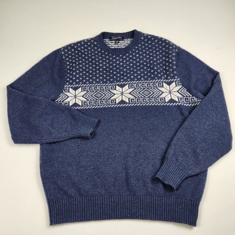 Crown & Ivy Fair Isle Crewneck Sweater Men L Blue/White Nordic Snowflake Festive